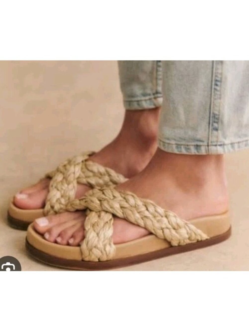 Sézane Les Souliers Eden Low Mules Raffia Textile Sandals Size EU 38 US 7 Tan